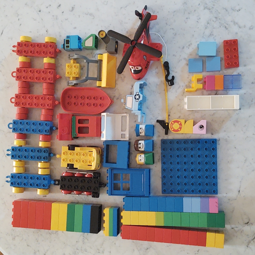 77 Pc. Lego Duplo Lot with 10 Pc additional orher branded blocks
